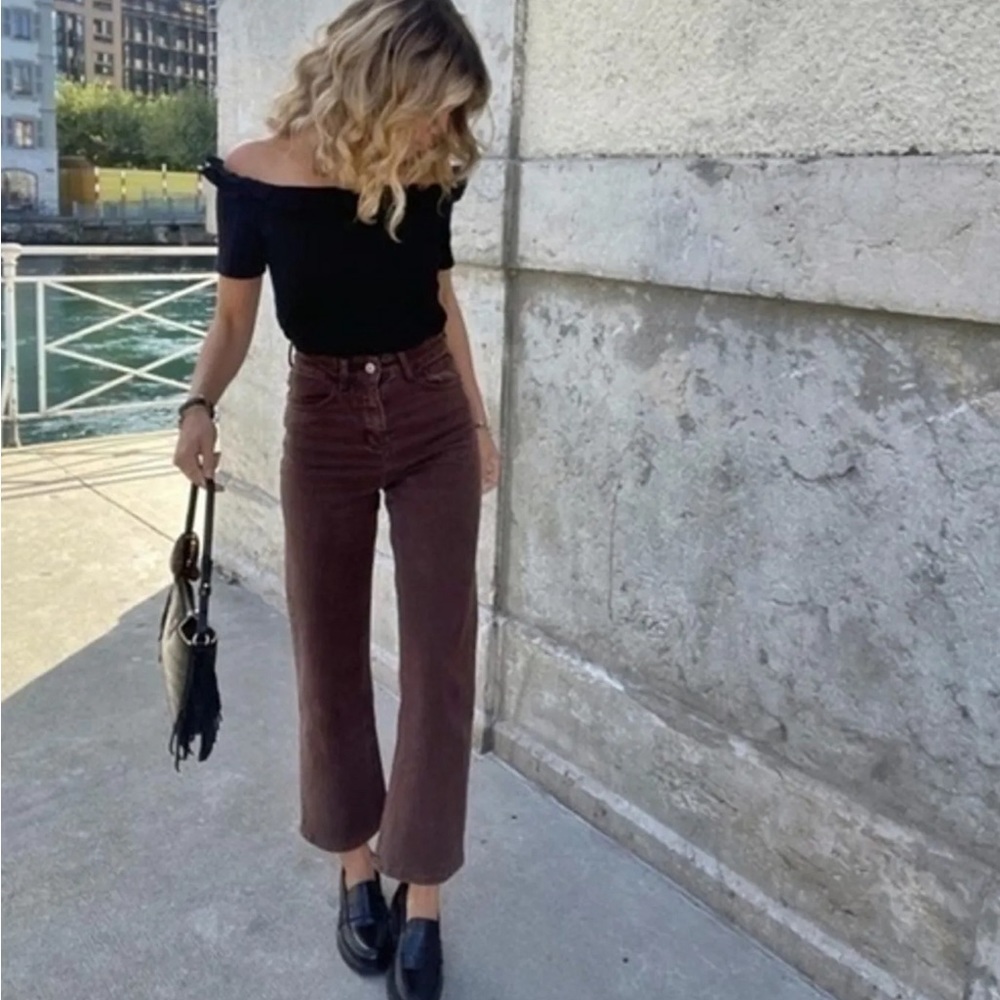 zara -  high waist mini flare wide raw hem jeans